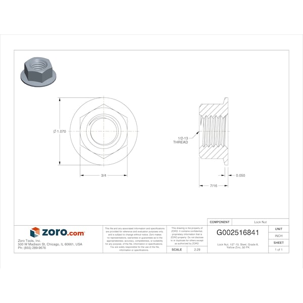 Lock Nut, 1/2-13, Steel, Grade 8, Yellow Zinc, 50 PK